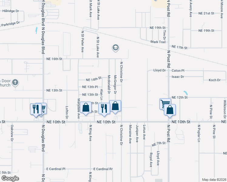 map of restaurants, bars, coffee shops, grocery stores, and more near 1328 McGregor Drive in Midwest City