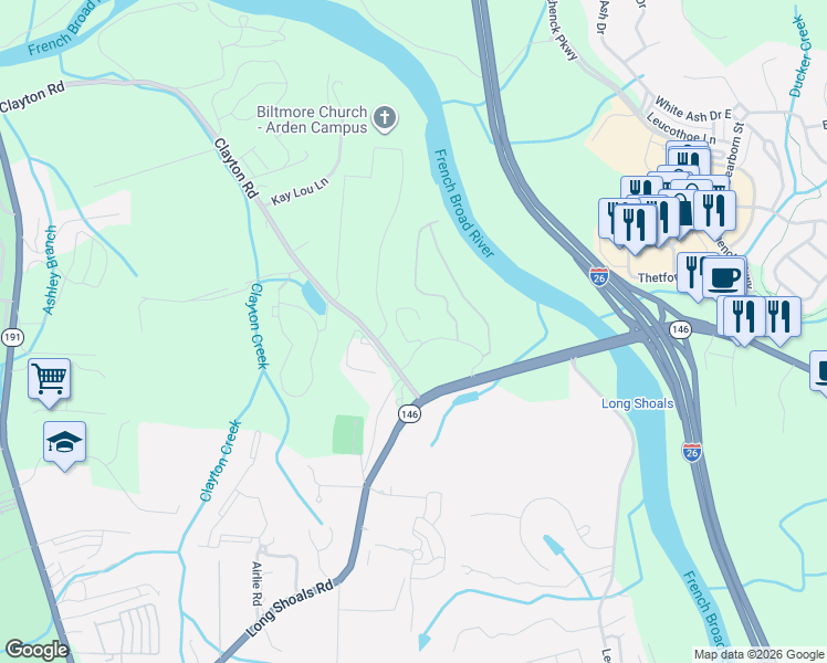 map of restaurants, bars, coffee shops, grocery stores, and more near 25 Clayton Road in Arden