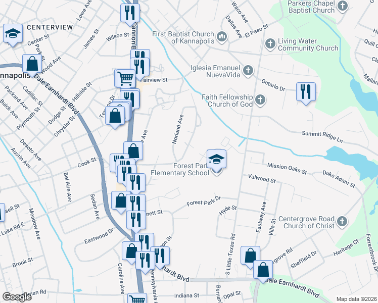 map of restaurants, bars, coffee shops, grocery stores, and more near 1012 McLain Road in Kannapolis