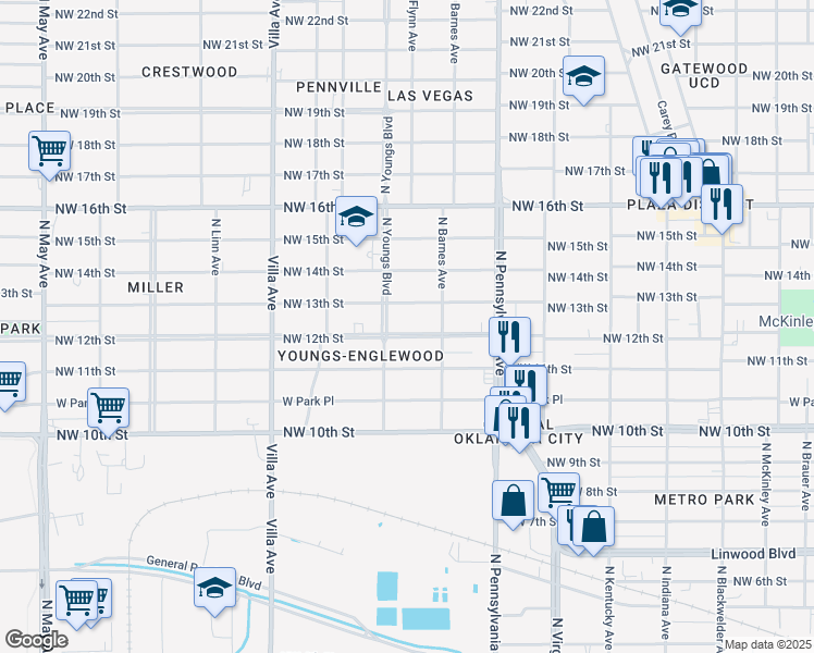 map of restaurants, bars, coffee shops, grocery stores, and more near 2220 Northwest 13th Street in Oklahoma City
