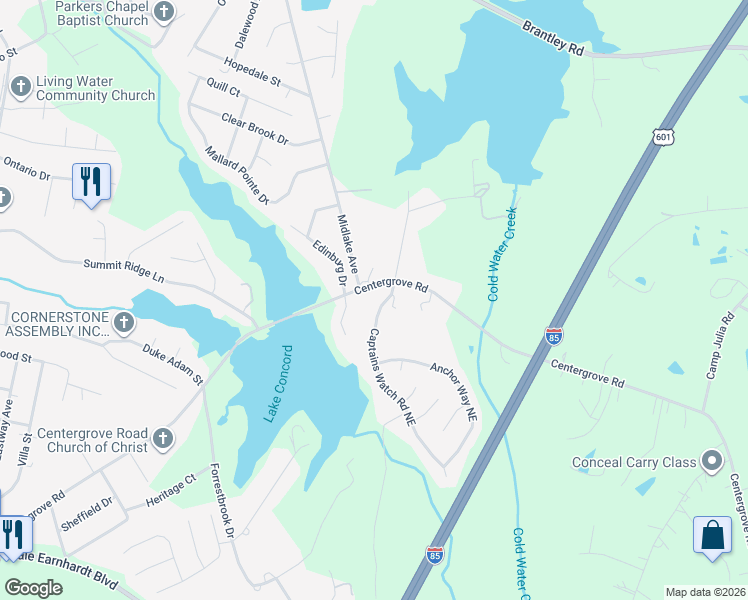 map of restaurants, bars, coffee shops, grocery stores, and more near 2512 Captains Watch Road Northeast in Kannapolis