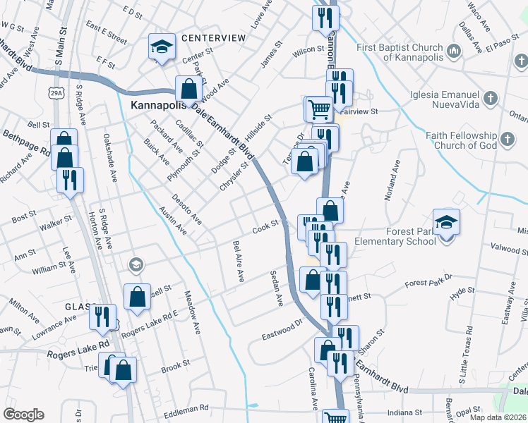 map of restaurants, bars, coffee shops, grocery stores, and more near 601 Peach Street in Kannapolis