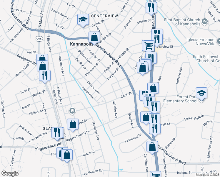 map of restaurants, bars, coffee shops, grocery stores, and more near 511 Charles Street in Kannapolis
