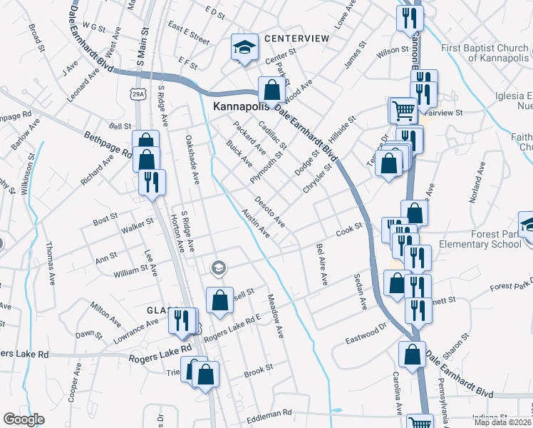 map of restaurants, bars, coffee shops, grocery stores, and more near 1008 Desoto Avenue in Kannapolis