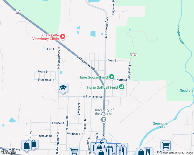 map of restaurants, bars, coffee shops, grocery stores, and more near 804 North Johnson Street in Clarksville