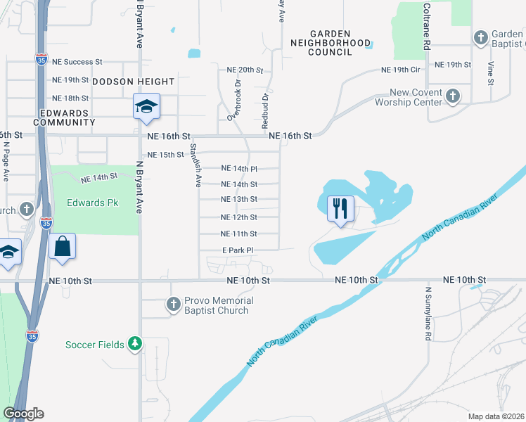 map of restaurants, bars, coffee shops, grocery stores, and more near 3324 Northeast 13th Street in Oklahoma City