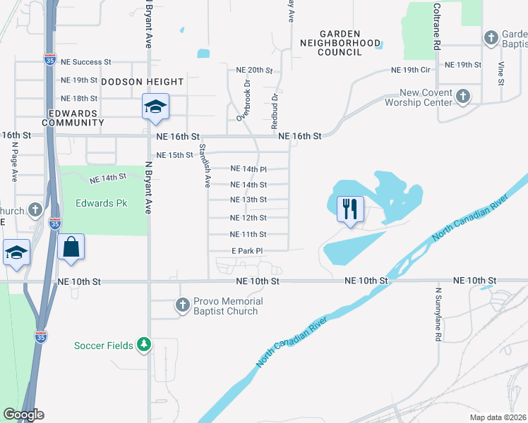 map of restaurants, bars, coffee shops, grocery stores, and more near 3324 Northeast 13th Street in Oklahoma City