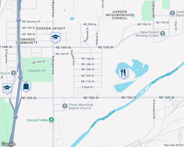 map of restaurants, bars, coffee shops, grocery stores, and more near 3324 Northeast 13th Street in Oklahoma City
