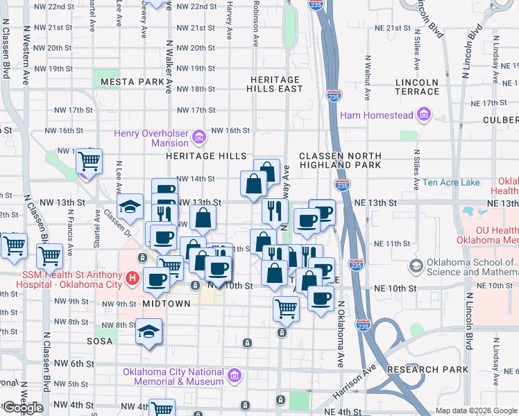 map of restaurants, bars, coffee shops, grocery stores, and more near 113 Northwest 13th Street in Oklahoma City