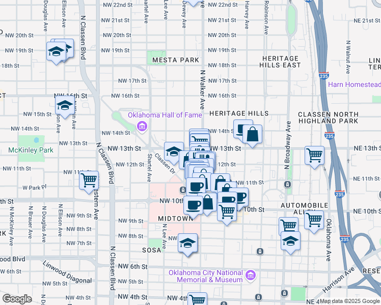map of restaurants, bars, coffee shops, grocery stores, and more near 525 Northwest 13th Street in Oklahoma City