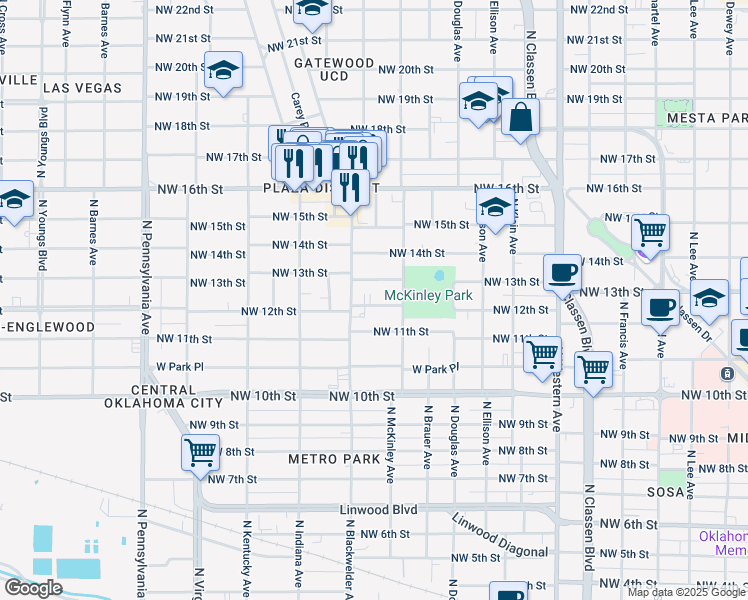map of restaurants, bars, coffee shops, grocery stores, and more near 1612 Northwest 13th Street in Oklahoma City