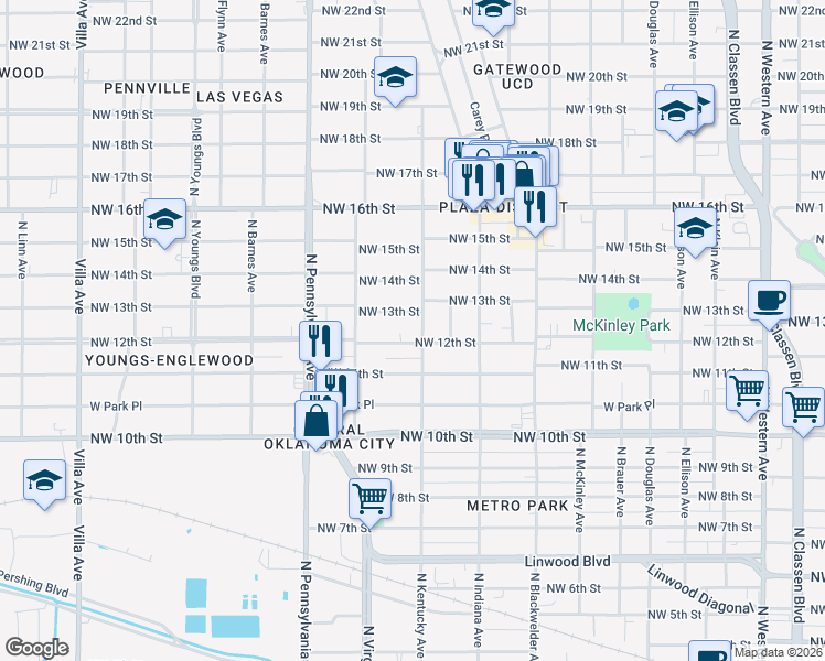 map of restaurants, bars, coffee shops, grocery stores, and more near 1900 Northwest 13th Street in Oklahoma City