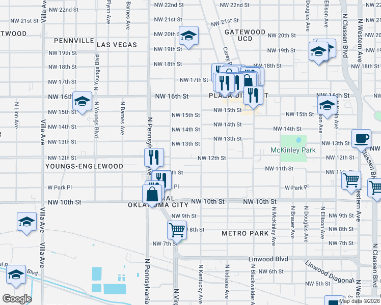 map of restaurants, bars, coffee shops, grocery stores, and more near 1900 Northwest 13th Street in Oklahoma City