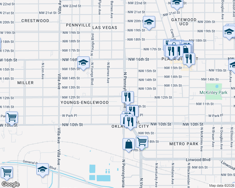 map of restaurants, bars, coffee shops, grocery stores, and more near 1321 North Pennsylvania Avenue in Oklahoma City