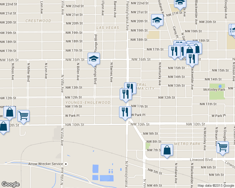 map of restaurants, bars, coffee shops, grocery stores, and more near 2136 Northwest 13th Street in Oklahoma City