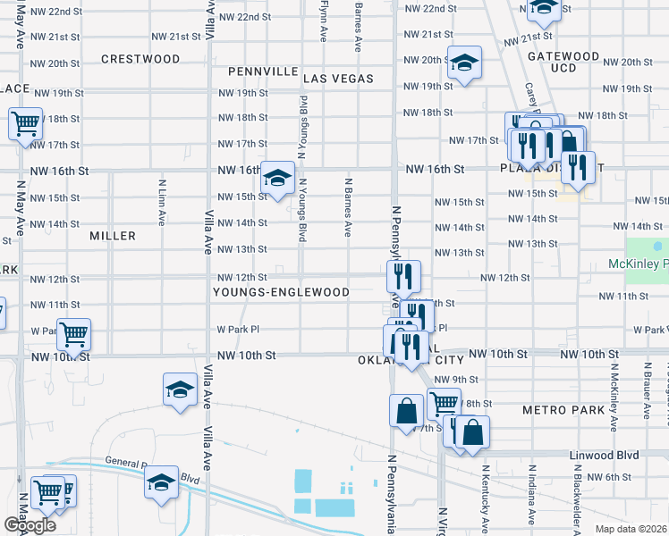 map of restaurants, bars, coffee shops, grocery stores, and more near 2220 Northwest 13th Street in Oklahoma City