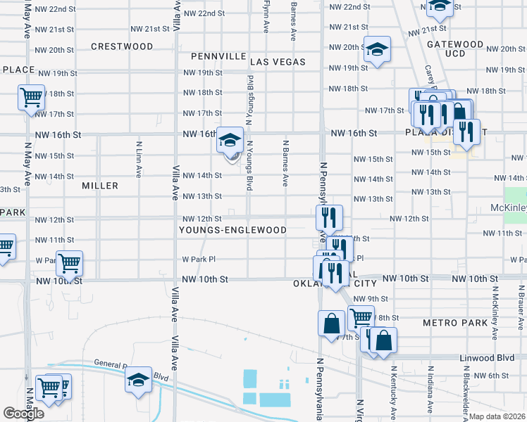 map of restaurants, bars, coffee shops, grocery stores, and more near 2220 Northwest 13th Street in Oklahoma City