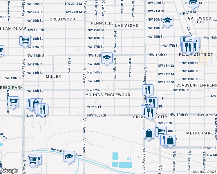 map of restaurants, bars, coffee shops, grocery stores, and more near 2302 Northwest 13th Street in Oklahoma City