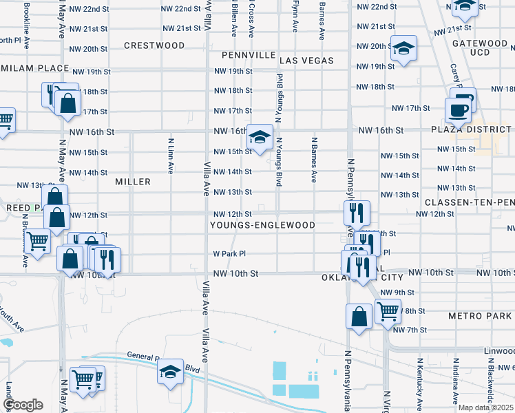 map of restaurants, bars, coffee shops, grocery stores, and more near 2336 Northwest 13th Street in Oklahoma City