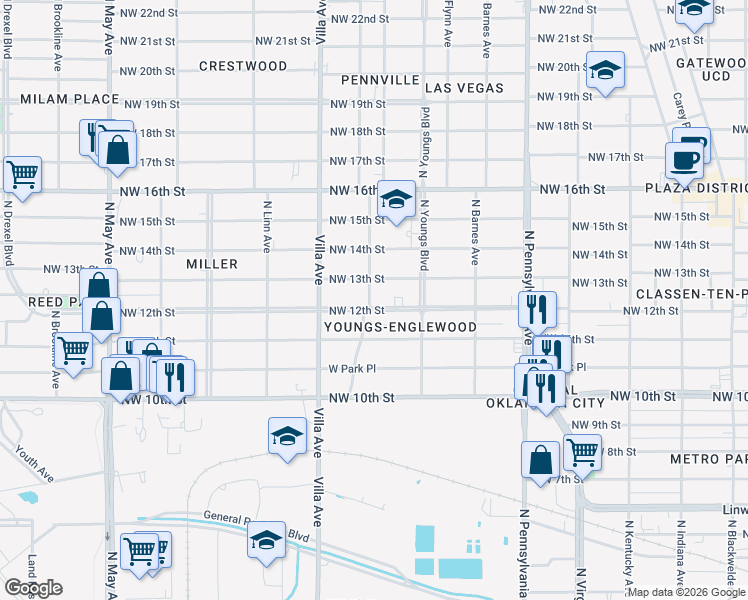 map of restaurants, bars, coffee shops, grocery stores, and more near 2336 Northwest 13th Street in Oklahoma City