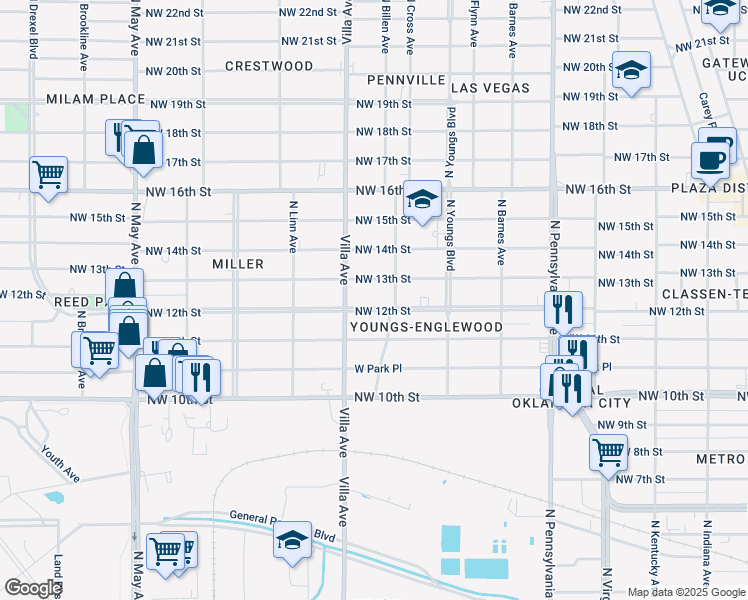 map of restaurants, bars, coffee shops, grocery stores, and more near 2420 Northwest 13th Street in Oklahoma City