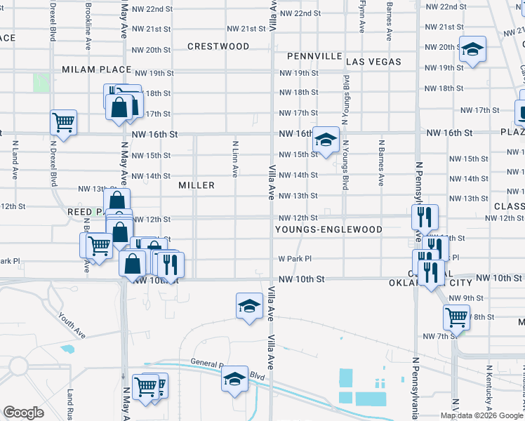 map of restaurants, bars, coffee shops, grocery stores, and more near 2504 Northwest 13th Street in Oklahoma City