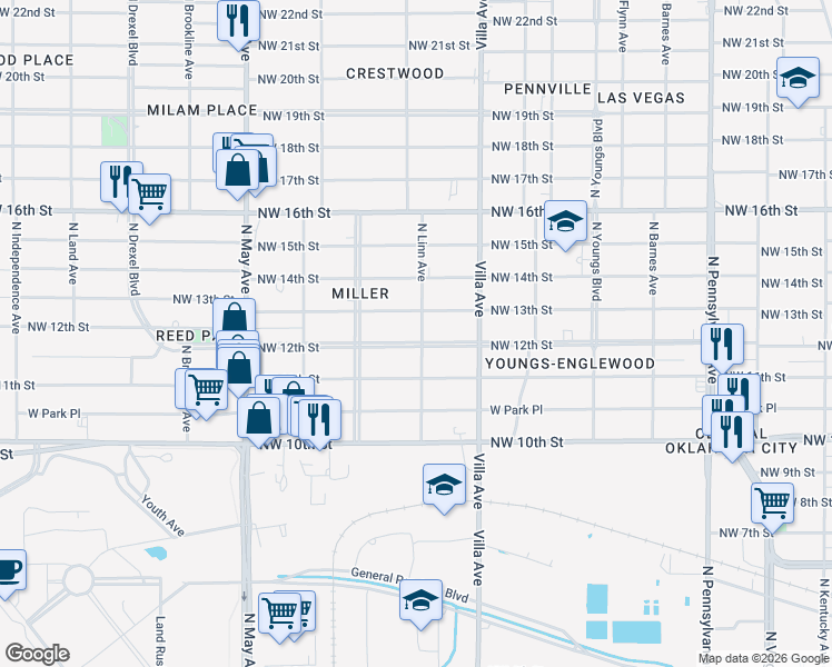 map of restaurants, bars, coffee shops, grocery stores, and more near 2540 Northwest 13th Street in Oklahoma City