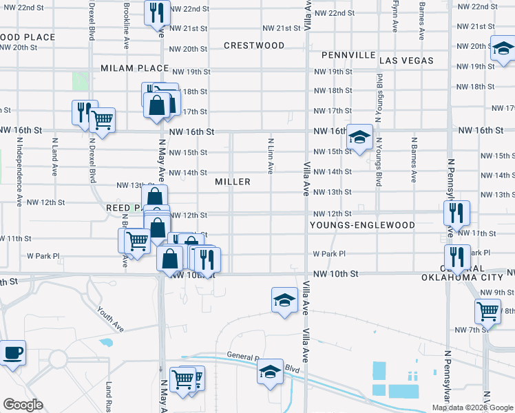 map of restaurants, bars, coffee shops, grocery stores, and more near 2622 Northwest 13th Street in Oklahoma City