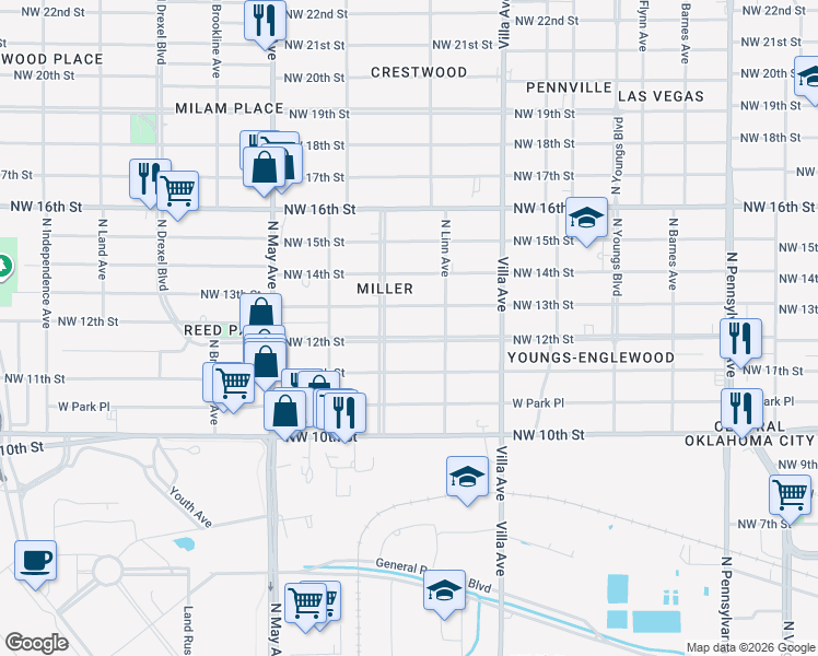 map of restaurants, bars, coffee shops, grocery stores, and more near 2622 Northwest 13th Street in Oklahoma City
