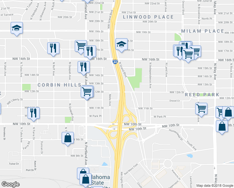 map of restaurants, bars, coffee shops, grocery stores, and more near 3509 Northwest 12th Street in Oklahoma City