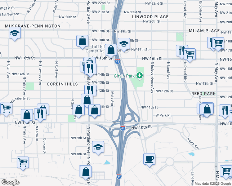 map of restaurants, bars, coffee shops, grocery stores, and more near 3509 Northwest 12th Street in Oklahoma City