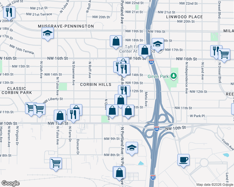 map of restaurants, bars, coffee shops, grocery stores, and more near 3714 Northwest 12th Street in Oklahoma City