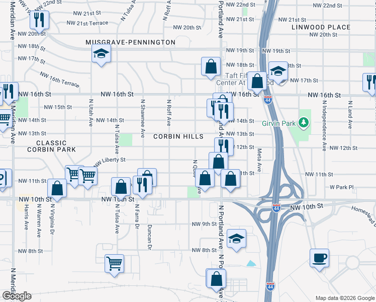 map of restaurants, bars, coffee shops, grocery stores, and more near 3804 Northwest 12th Street in Oklahoma City