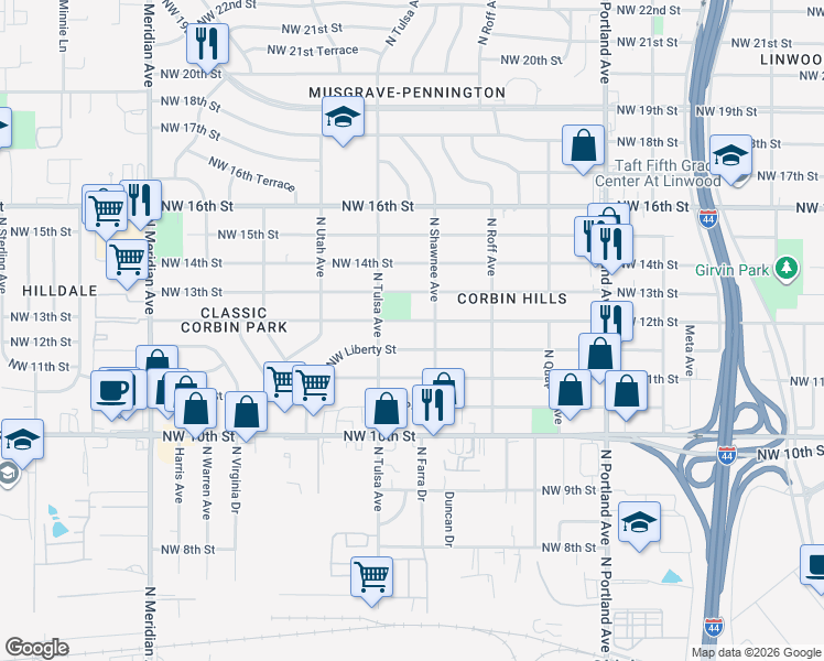 map of restaurants, bars, coffee shops, grocery stores, and more near 4033 Northwest 12th Street in Oklahoma City