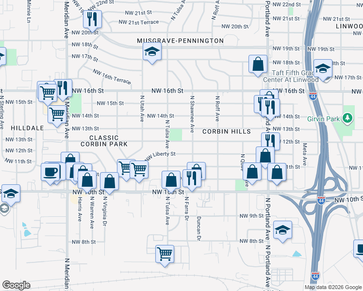 map of restaurants, bars, coffee shops, grocery stores, and more near 4033 Northwest 12th Street in Oklahoma City