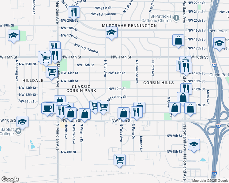 map of restaurants, bars, coffee shops, grocery stores, and more near 4113 Northwest 12th Street in Oklahoma City