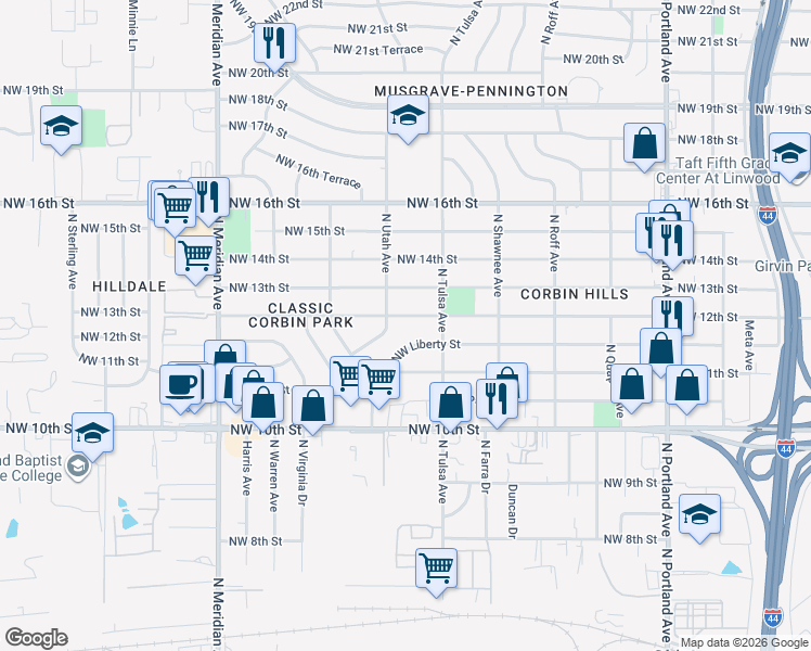 map of restaurants, bars, coffee shops, grocery stores, and more near 4113 Northwest 12th Street in Oklahoma City