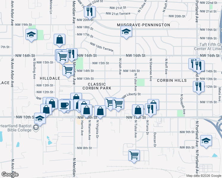 map of restaurants, bars, coffee shops, grocery stores, and more near 4227 Northwest 12th Street in Oklahoma City