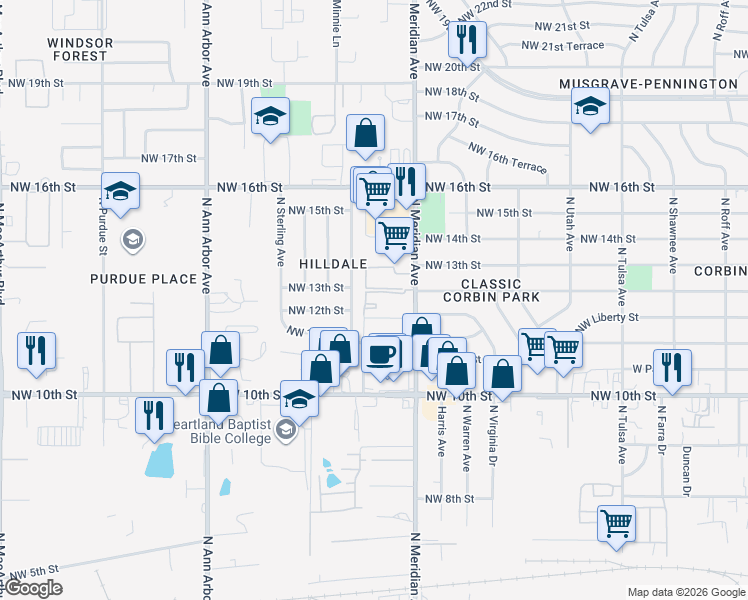 map of restaurants, bars, coffee shops, grocery stores, and more near 1400 North Harvard Avenue in Oklahoma City