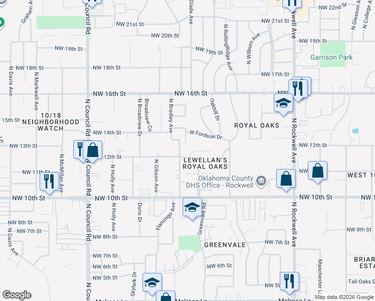 map of restaurants, bars, coffee shops, grocery stores, and more near 7536 West Fordson Drive in Oklahoma City