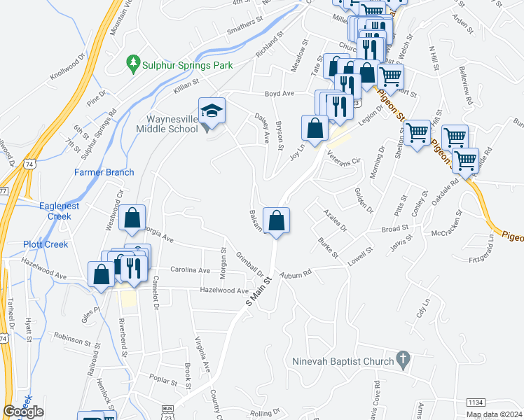 map of restaurants, bars, coffee shops, grocery stores, and more near 78 Wills Way in Waynesville
