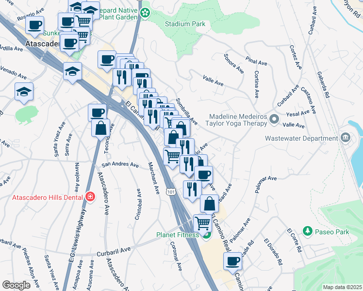 map of restaurants, bars, coffee shops, grocery stores, and more near 7408 Santa Ysabel Avenue in Atascadero