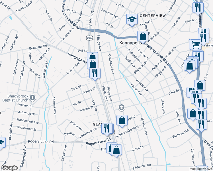 map of restaurants, bars, coffee shops, grocery stores, and more near 1001 South Ridge Avenue in Kannapolis