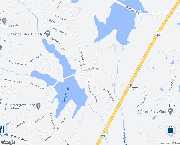 map of restaurants, bars, coffee shops, grocery stores, and more near 2516 Captains Watch Road Northeast in Kannapolis