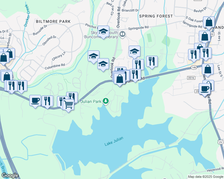 map of restaurants, bars, coffee shops, grocery stores, and more near 421 Overlook Road Extension in Asheville