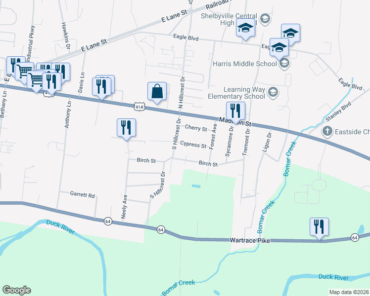 map of restaurants, bars, coffee shops, grocery stores, and more near 1402 Cypress Street in Shelbyville