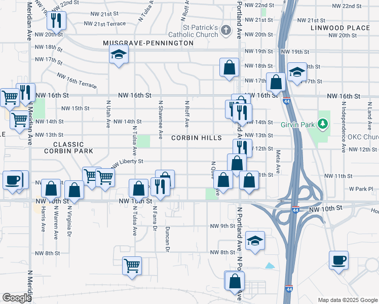 map of restaurants, bars, coffee shops, grocery stores, and more near 3834 Northwest 12th Street in Oklahoma City