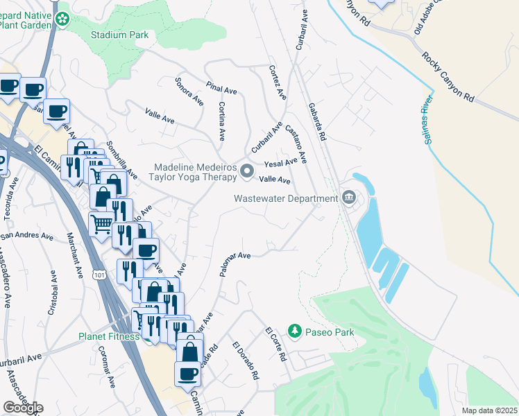 map of restaurants, bars, coffee shops, grocery stores, and more near 9025 Junipero Avenue in Atascadero