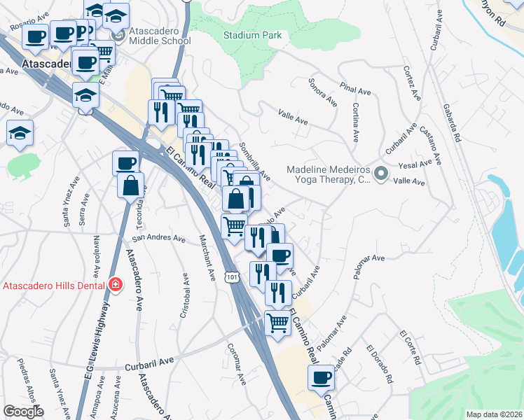 map of restaurants, bars, coffee shops, grocery stores, and more near 7408 Santa Ysabel Avenue in Atascadero