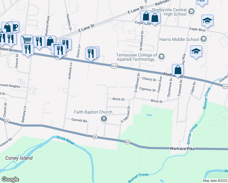 map of restaurants, bars, coffee shops, grocery stores, and more near 300 Neely Avenue in Shelbyville